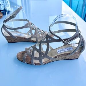 Jimmy Choo Beige Napa Suede Strappy Gladiator Cork Wedge Sandals